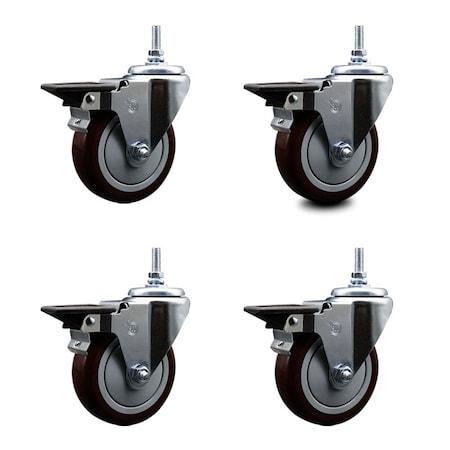 Service Caster 4 Inch Maroon Polyurethane 12 MM Threaded Stem Caster Set with Brake SCC-TS20S414-PPUB-MRN-PLB-M1215-4